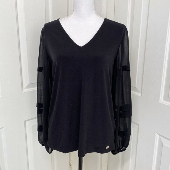 Calvin Klein Mixed Media 3/4 chiffon sleeve V-neck top black - Picture 1 of 5